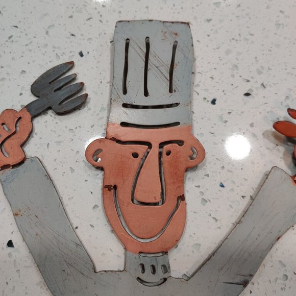 Laser Cut Metal Art Chef w/ Fork VS Lobster Towel Hooks 15" Rustic Shop Decor - Picture 3 of 16
